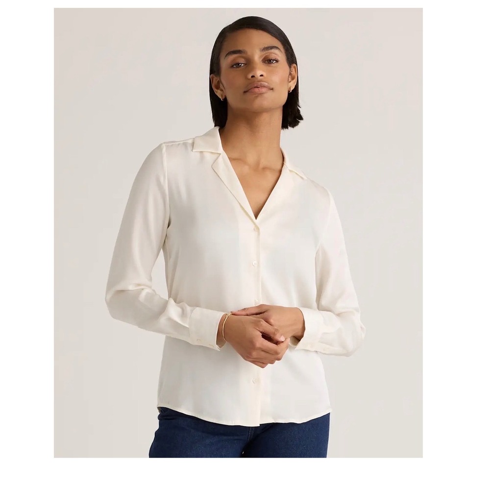 Quince Washable Stretch Silk Notch Collar Blouse Ivory M LB19973-CS001-16038 NEW